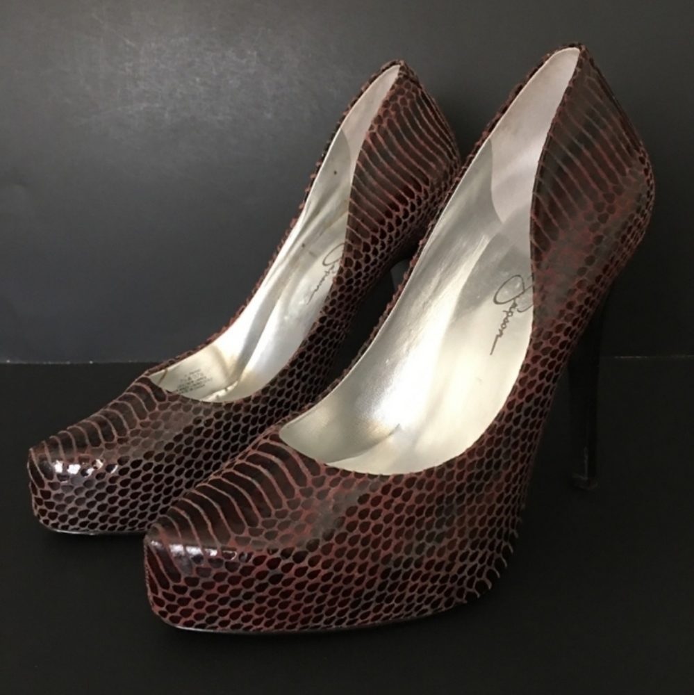 Jessica Simpson Heels Snakeskin Platform Stilettos Burgundy Leather 7.5B 5"